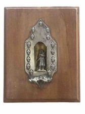 Bénitier Ancien JEANNE D’ARC sous Autel Entouré De FLEUR-DE-LYS Métal & Bois