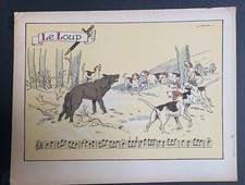 VÉNERIE.DESSINATEUR JACK.LITHO/POCHOIR.SCÈNE DE CHASSE.LE LOUP.CIRCA 1935.