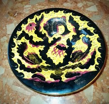 Ancien Vintage Plat/Coupe à Fruits Céramique Dorure Décor Marin Poissons Signé