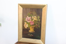 Tableau ancien signé  R. H . Bouquet de Fleurs. Peinture huile sur bois -