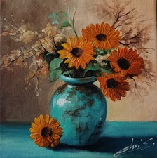 TABLEAU PEINTURE TOILE NATURE MORTE BOUQUET CHAMPÊTRE DECO ART  SIGNÉ CHRISK