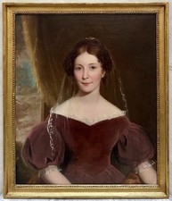 Tableau Ancien Portrait de Jeune Femme Fenêtre Paysage Peinture Anglaise 19ème