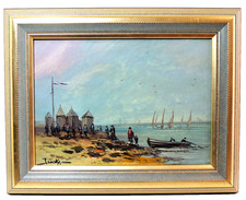 Beau tableau Marine cabines de plage. Huile sur toile signé Michel Lensky