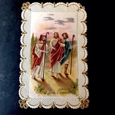 Rare Image Pieuse Début XXe Le Christ Sur Le Chemin D’Emaüs Dentelle