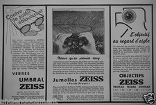 PUBLICITÉ 1937 ZEISS VERRE UMBRAL OBJECTIF TRIOTAR ZEISS JENA TESSAR JUMELLES