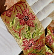 ANCIEN RUBAN St ÉTIENNE DÉCOR GUIRLANDE de FLEURS ART NOUVEAU SOIE TISSÉE 1900