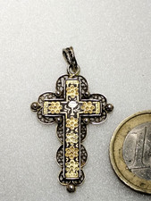 Superbe croix pendentif ancienne argent massif filigrane vermeil or de Tolède