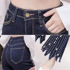Femme Strass Perlé Évasé Pantalon Jean Patte D’Éléphant Ajusté