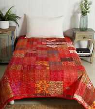 Couverture En Patchwork De Sari Kantha En Soie Rouge Indien Fait Main
