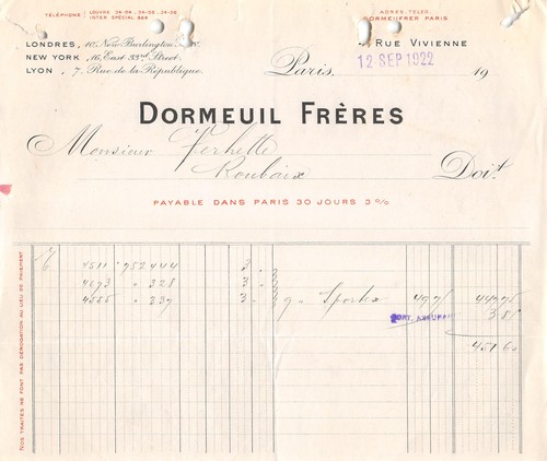 1922 facture dormeuil freres - ,