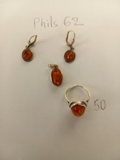 argent + ambre jaune -- BOUCLES D OREILLES + PENDENTIF + BAGUE 50