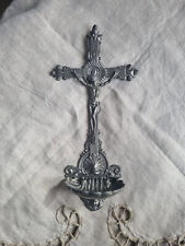 Ancien Benitier Mural en Etain avec Croix Crucifix INRI poinçonné