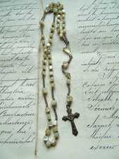 French vintage mother of pearl beads - metal cross pendant necklace beautiful