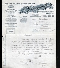 PARIS (III°) QUINCAILLERIE OUTILLAGE CLOUTERIE "H. ROUGIER & PLE" Lettre en 1928