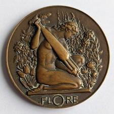 Médaille bronze Art Déco Flore Nude France Antique vintage french signed medal