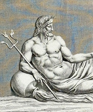 Gravure XIXème mythologie Pierre gravée antique dieu Poseidon au trident