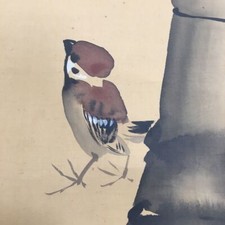 PENDENTIF ROULEAU TABLEAU JAPONAIS JAPON VIEUX MOINEAU OISEAU bambou ancien f408