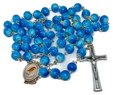 Pochette collier de prière catholique perles de verre bleu chapelet...