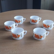 Vintage Lot de 6 Tasses Arcopal Français Décor Fleurs Orange