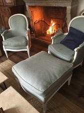 Paire de fauteuils bergères Louis XV, lin vert amande, très bon état 