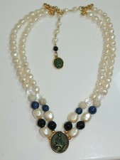 Collier Pendentif Liz Claiborne F Perle Baroque 2T Marine Blanc Cameo 3L 8.4