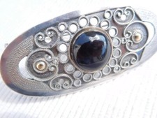 Belle broche vintage argent massif, ADONIS onyx noir filigrane dorure B1272