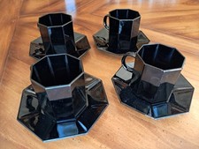 Lot 4 TASSES CAFÉ avec SOUCOUPES Vintage Noir Octogonales ARCOPAL ARCOROC OCTIME
