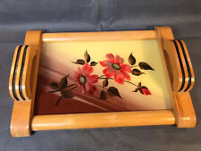 Ancien plateau de service de table en bois vintage décor de fleurs années 1950