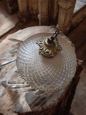  Plafonnier ancien en cristal et laiton doré - Style Louis XVI - Manque pampille