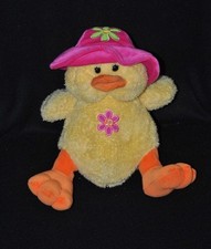 Peluche doudou canard musical GIPSY jaune orange chapeau mauve fleur 26 cm TTBE