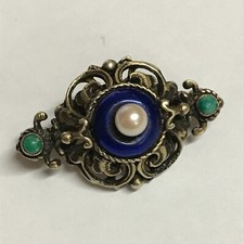 belle Broche Austro-Hongroise argent massif plaqué or jaune vermeil émail perle