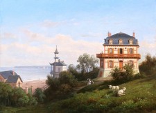 Tableau encadré paysage Normandie Trouville Honfleur villas pagode Léon FLEURY