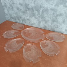 Plat À Poisson Et 6 Assiettes Poisson En Verre Arcoroc, France, Vintage 
