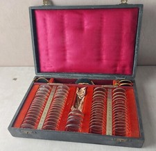 Ancienne valise / caisse, lentilles pour examens / optométrie, Fischer Freiburg