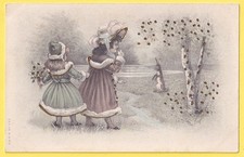 Superbe Illustration Style Wichera CPA dos 1900 PASTEL Jeune Filles Lièvre Lapin
