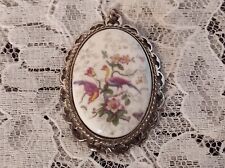 Ancien pendentif, médaillon anglais argent sterling, porcelaine avec oiseaux