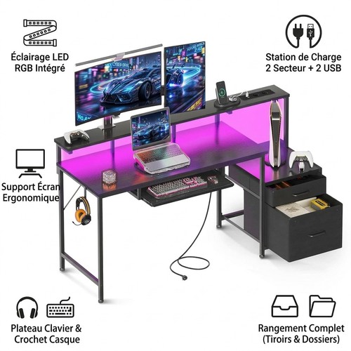 Bureau gaming led 140cm - bureau,