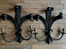 JOLIE GRANDE PAIRE D'APPLIQUES 2 LUMIÈRES EN FER PEINT, FEUILLES  (H 48 cm )