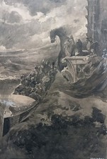 Tableau Ancien Lavis Symboliste Scène Animée Barque Gargouille 19 Ème