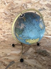 Mappemonde Ancienne Globe Terrestre Verre 1963 + Pied Tripode Métal Doré  #C905