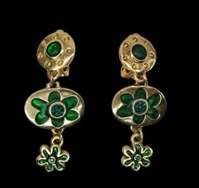 J2G JACKY DE G clip d'oreilles Pendante En Metal doré  Et  Vert Et Strass Vert