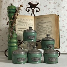 Très rar Set de 5 pots à épices en grès émaillé vert et couvercle métal des'50