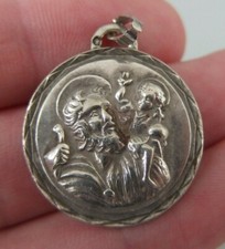 Antique French Religious Solid Silver Medal Pendant Joseph & Jesus Christ C1930