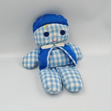 Ancienne peluche poupée chiffon bleu carreaux FISHER PRICE 1975 Vintage - 25966