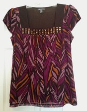 APT. 9 PETITE WOMEN'S TOP SIZE PM BROWN PURPLE ORANGE W/ ORANGE RHINESTONES