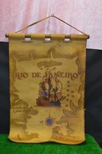 ANCIEN DESSIN TAPISSERIE CUIR SIGNE CARTE BATEAU GALION RIO DE JANEIRO BRESIL