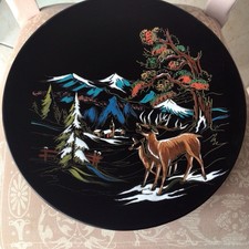 LONGWY Email GRAND FEU - PLAT CERF & BICHE DECOR A  LA MAIN Diam. 32 cm N°16411