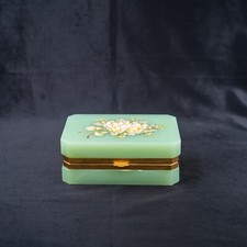Antique Opaline Glass Box GREEN Italian Painted Trinket Casket by Fratelli FERRO