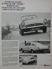 PUBLICITÉ DE PRESSE 1967 SIMCA SUNBEAM ALPINE ET IMP BARRACUDA CHRYSLER