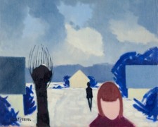 K. Westerberg, artiste danois. Huile/toile. Scène d'hiver avec figurines